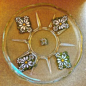 Vegetable olive relish clear green white yellow daisy platter tray round 12” EUC